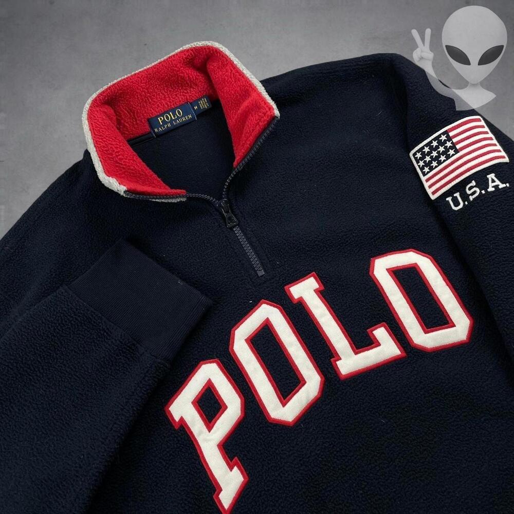 Polo Ralph Lauren Quarter Zip Fleece Medium Navy USA Spellout Red Vintage - Picture 1 of 4